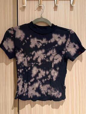 Tie-Dye Short Sleeve Crewneck Top - Black & Beige
